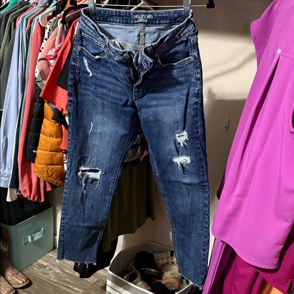 Maurices Dark Blue Distressed Ankle Jeans